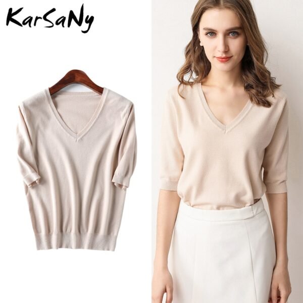 KarSany Half Sleeve Knitted Blouse Women Summer 2021 Ladies V-neck Blouses
