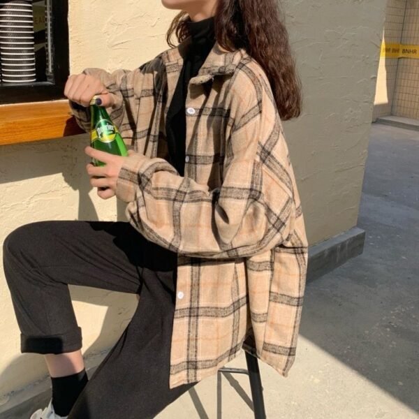 Women Plaid Warm Shirt Female Jacket Checked Coat Casual Turn-down Collar - Image 2