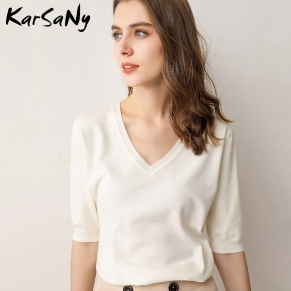 KarSany Half Sleeve Knitted Blouse Women Summer 2021 Ladies V-neck Blouses - Image 2