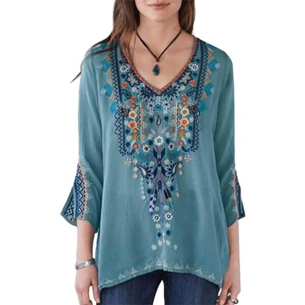Blouses Women Casual V Neck Long Sleeve Floral Embroidery Blouse Top Loose Shirt