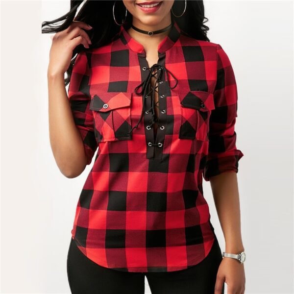Plaid Shirt Women Casual Long Sleeve Blouse Sexy Deep V Neck Lace Up Women Tops