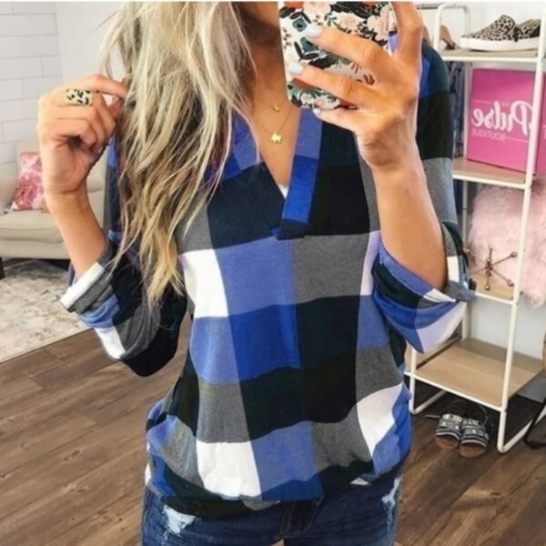 Women Casual Shirts Plaid Tops And Blouses Long Sleeve Red Ladies Plaid Shirts - Image 4