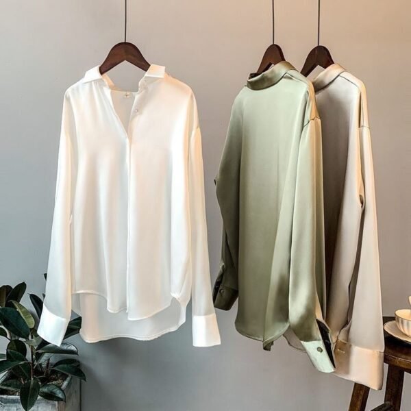High Quality Elegant Imitation Silk Blouse Women Long Sleeves Satin Blouse - Image 3