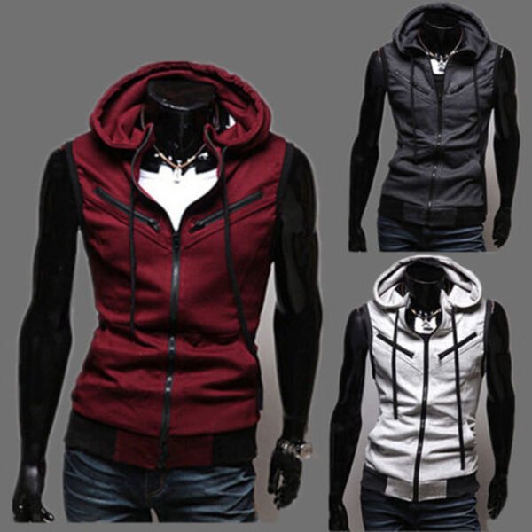 Men Sports Workout Autumn Sleeveless Zip Up Vest Hoodie Casual Sportswear - Image 2
