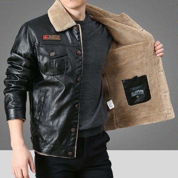 New Leather Jacket Autumn Winter Warm Velvet Lapel Lamb Casual Men Jacket - Image 5