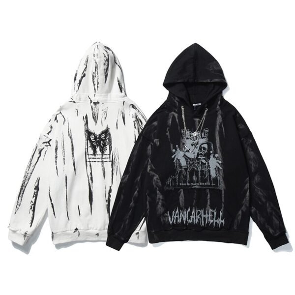 Gothic Horror Skull Print Hoodie Punk Chain High Street Baggy Hooded - Image 3