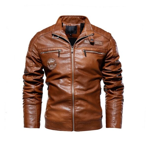 Winter Leather Jacket Patchwork Fleece Thicken Warm Casual Leather Jackets - Image 2