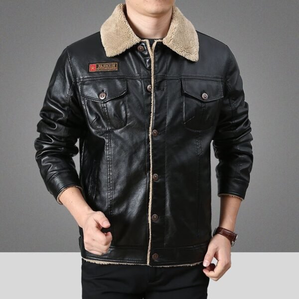 New Leather Jacket Autumn Winter Warm Velvet Lapel Lamb Casual Men Jacket - Image 6