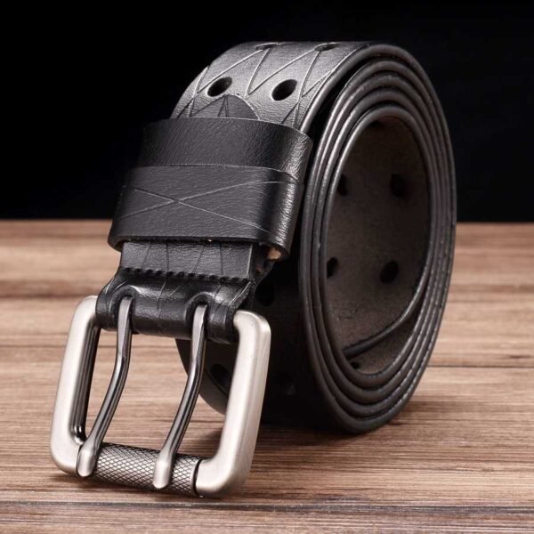 Double Row Hole Belt Waistband New Leather Classic Double Prong Jeans Belts - Image 5