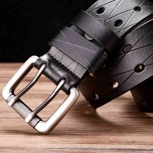 Double Row Hole Belt Waistband New Leather Classic Double Prong Jeans Belts - Image 4