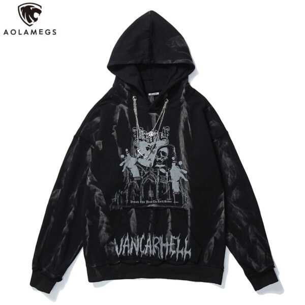 Gothic Horror Skull Print Hoodie Punk Chain High Street Baggy Hooded