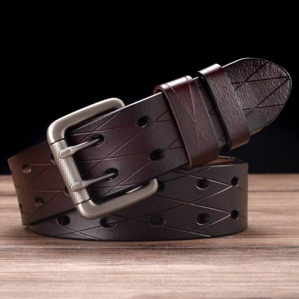 Double Row Hole Belt Waistband New Leather Classic Double Prong Jeans Belts - Image 2
