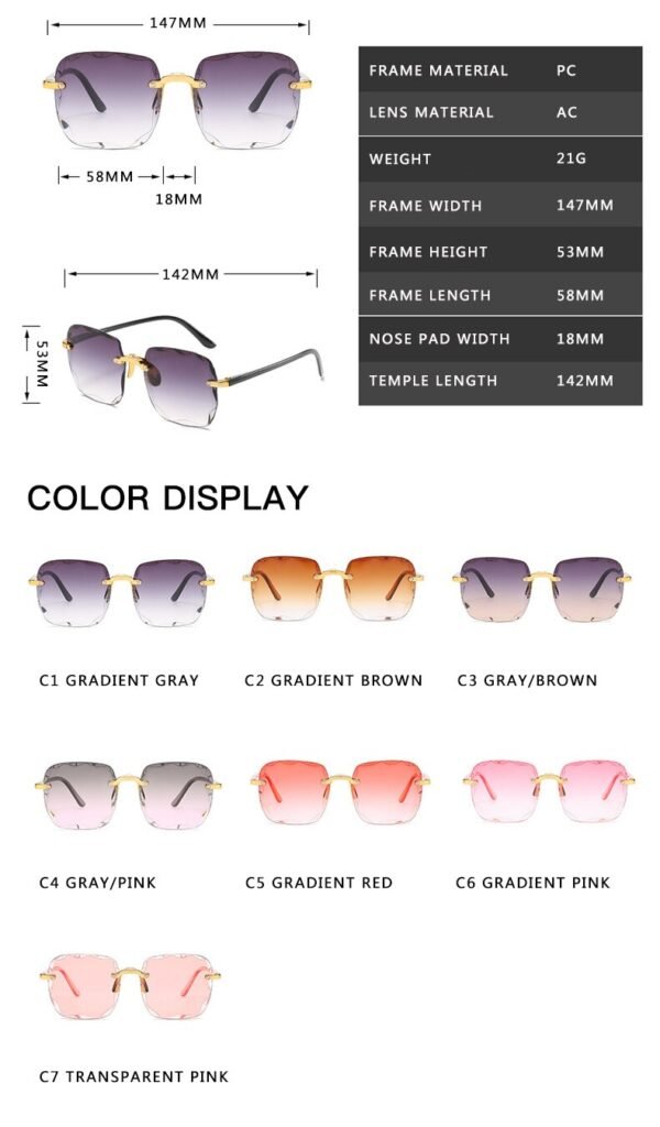 Rimless Square Sunglasses Women Luxury Brand Designer Summer Red Glasses - Image 3