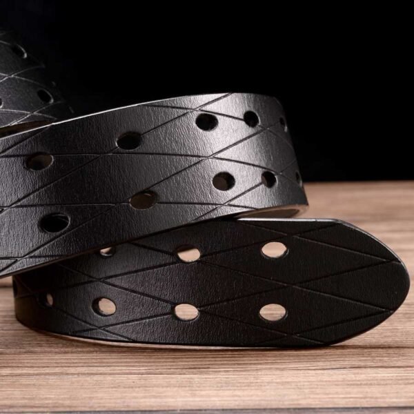 Double Row Hole Belt Waistband New Leather Classic Double Prong Jeans Belts - Image 6