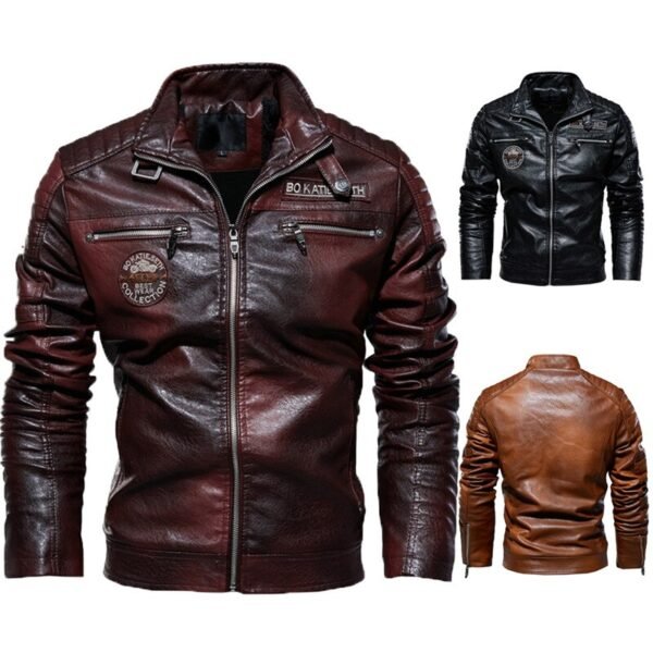 Winter Leather Jacket Patchwork Fleece Thicken Warm Casual Leather Jackets - Image 3