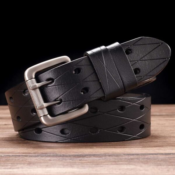 Double Row Hole Belt Waistband New Leather Classic Double Prong Jeans Belts - Image 3
