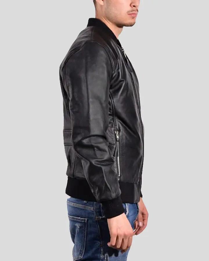 BRAN BLACK BOMBER LEATHER JACKET - Image 3