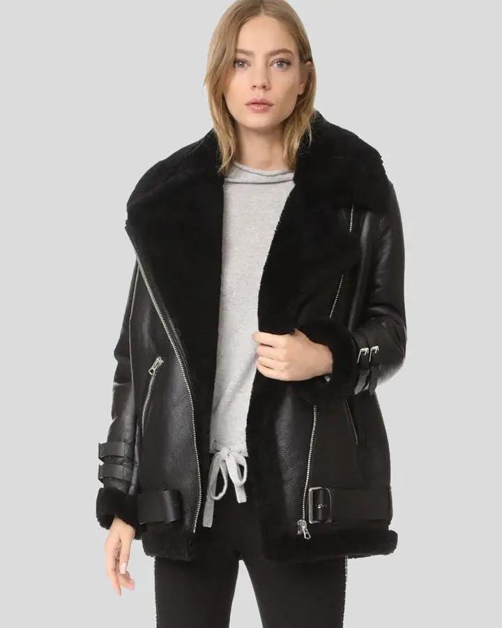 CATALINA BLACK BIKER SHEARLING LEATHER JACKET
