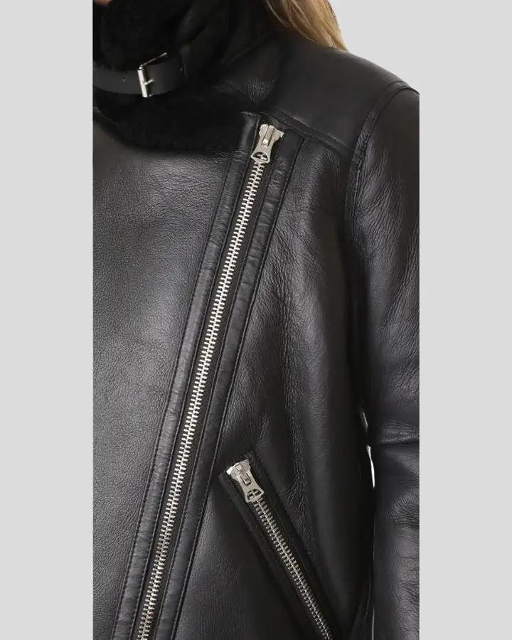CATALINA BLACK BIKER SHEARLING LEATHER JACKET - Image 5