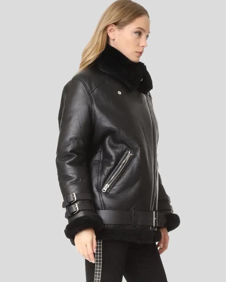 CATALINA BLACK BIKER SHEARLING LEATHER JACKET - Image 3