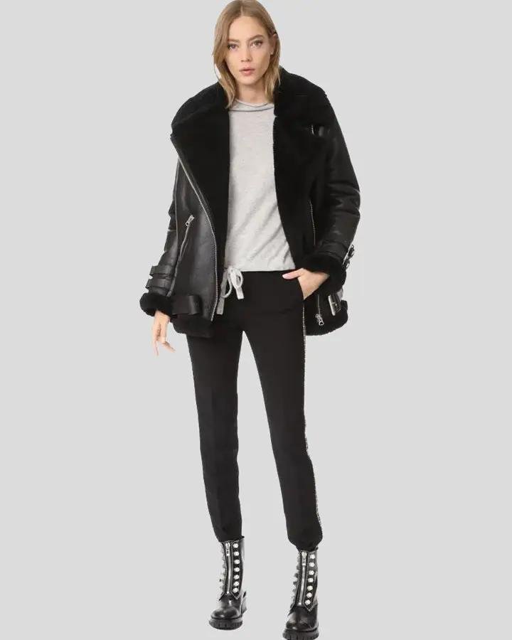 CATALINA BLACK BIKER SHEARLING LEATHER JACKET - Image 2