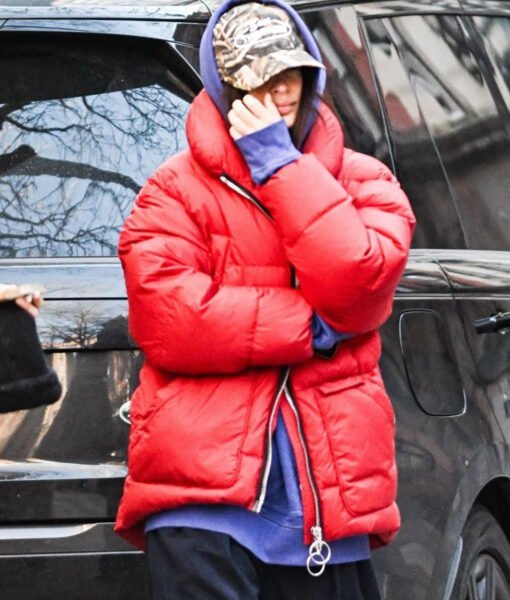 Emily Ratajkowski Red Puffer Jacket - Image 4
