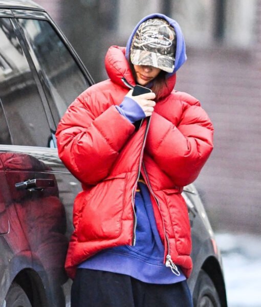 Emily Ratajkowski Red Puffer Jacket - Image 3