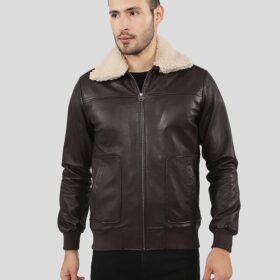 KNOX BROWN BOMBER LEATHER JACKET WITH REMOVABLE COLLAR