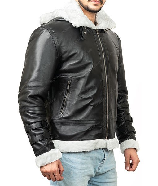 Markham Black Hooded Mens Aviator Leather Jacket - Image 3
