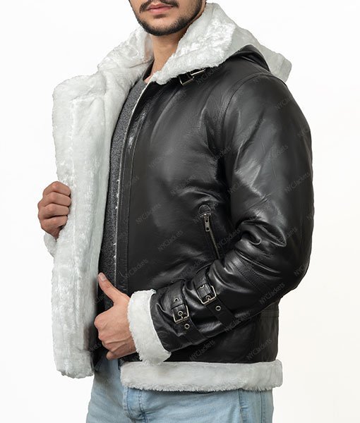 Markham Black Hooded Mens Aviator Leather Jacket - Image 4