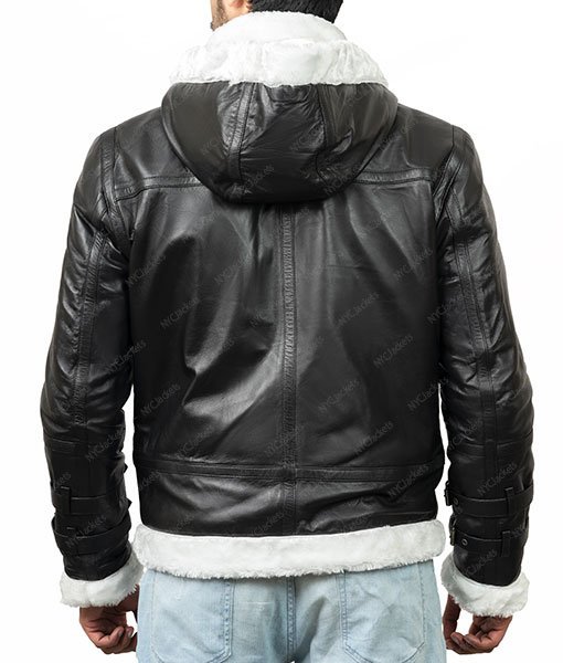 Markham Black Hooded Mens Aviator Leather Jacket - Image 5