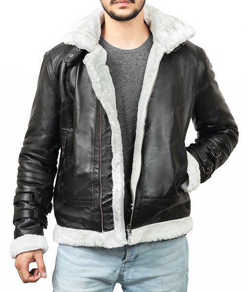 Markham Black Hooded Mens Aviator Leather Jacket - Image 2