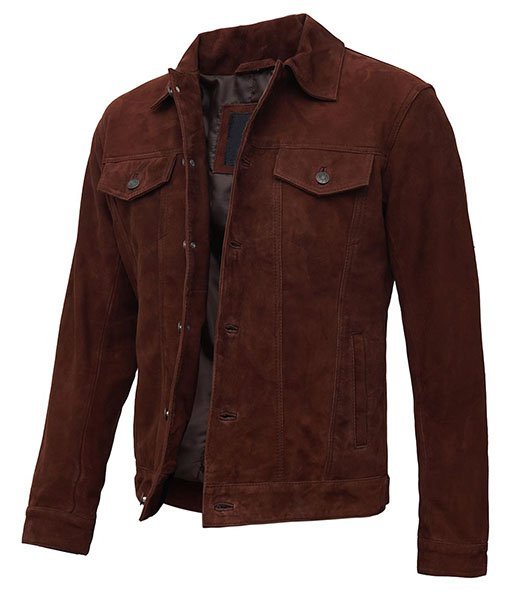 Mason Mens Dark Brown Suede Trucker Jacket - Image 3