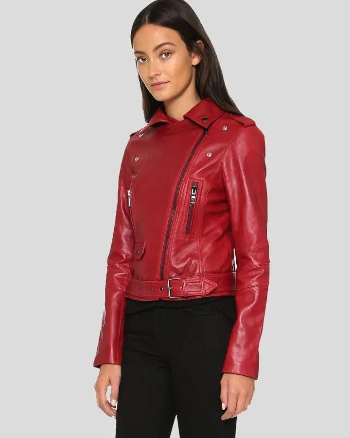 MAVIS RED BIKER LEATHER JACKET - Image 3