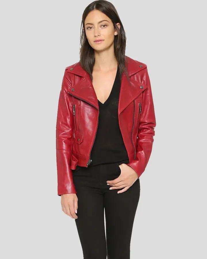 MAVIS RED BIKER LEATHER JACKET - Image 2