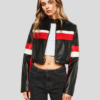 VELOCITY RACER BLACK CROP MOTO LEATHER JACKET WITH RED AND WHITE STRIPES