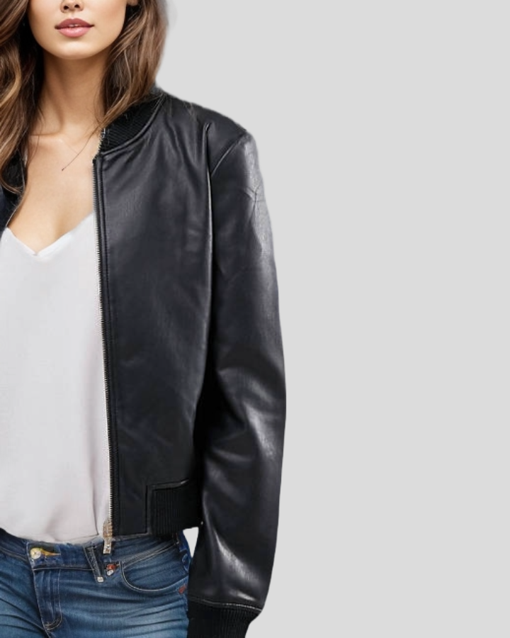 URBAN BLACK BOMBER LEATHER JACKET WITH RIBBED CUFFS AND HEM