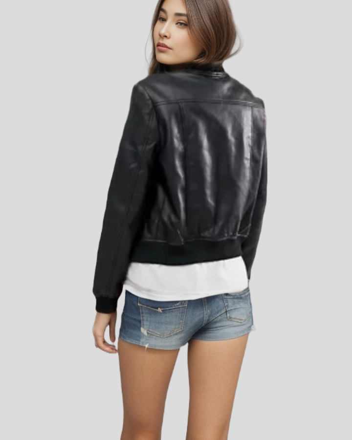 URBAN BLACK BOMBER LEATHER JACKET WITH RIBBED CUFFS AND HEM - Image 2