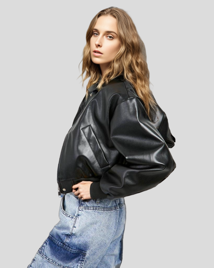 CITY SLEEK OVERSIZED CROPPED BLACK LEATHER BOMBER JACKET