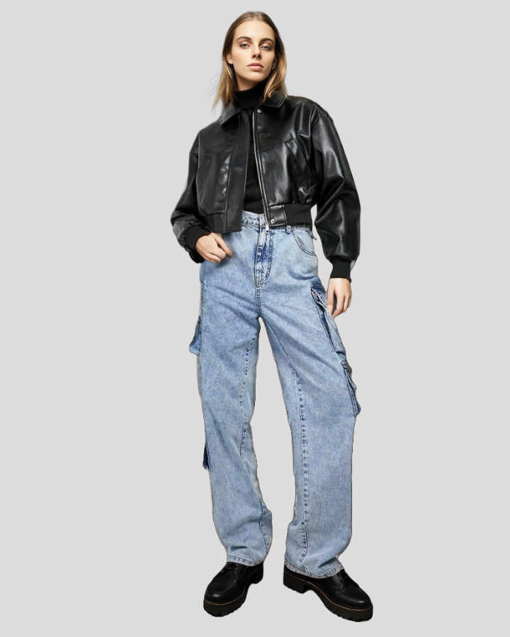CITY SLEEK OVERSIZED CROPPED BLACK LEATHER BOMBER JACKET - Image 2