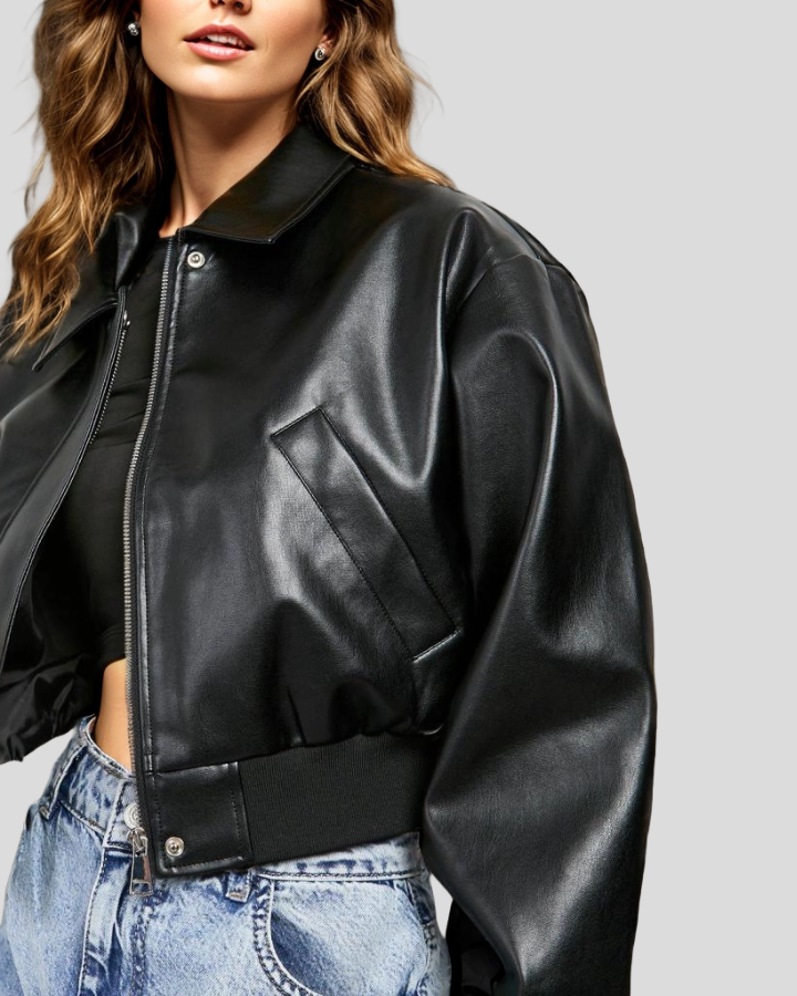 CITY SLEEK OVERSIZED CROPPED BLACK LEATHER BOMBER JACKET - Image 3