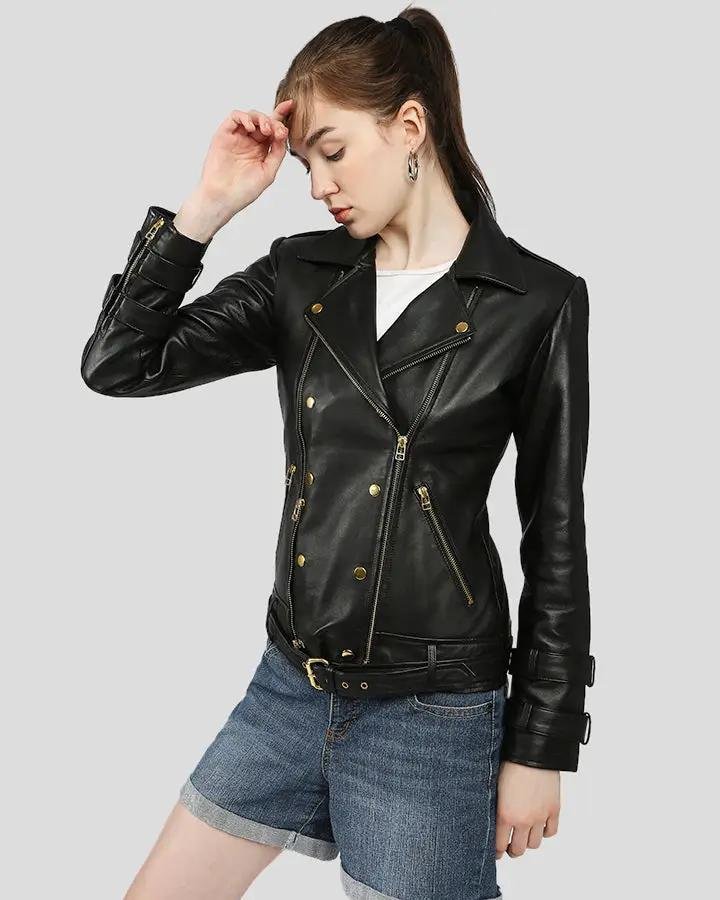 WILLOW BLACK BIKER LEATHER JACKET - Image 5