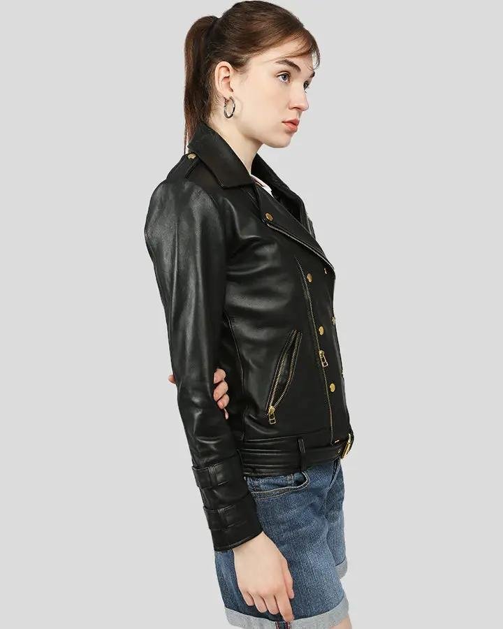 WILLOW BLACK BIKER LEATHER JACKET - Image 6