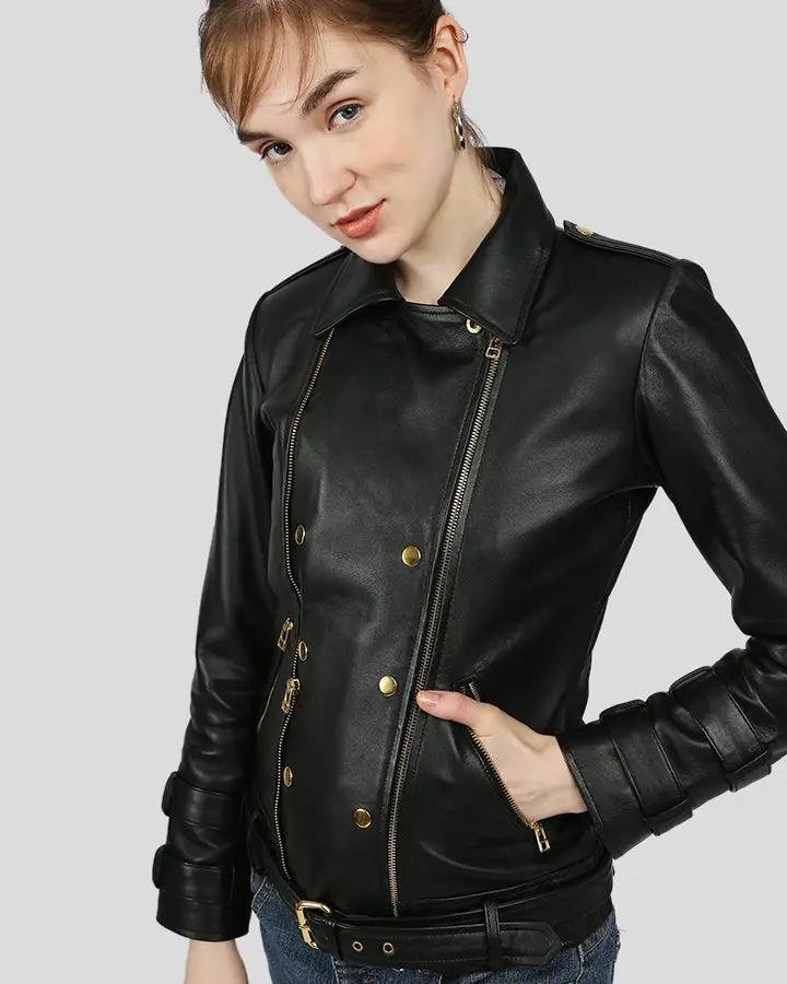 WILLOW BLACK BIKER LEATHER JACKET - Image 7
