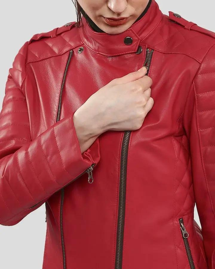 CHRISTABEL RED QUILTED BIKER LEATHER JACKET - Image 5