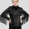 KIANA BLACK BIKER FRINGES LEATHER JACKET