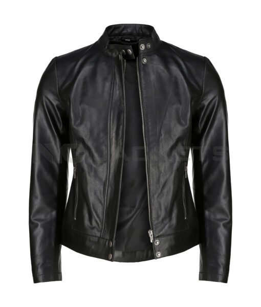 Women Black Biker Leather Jacket - Image 2