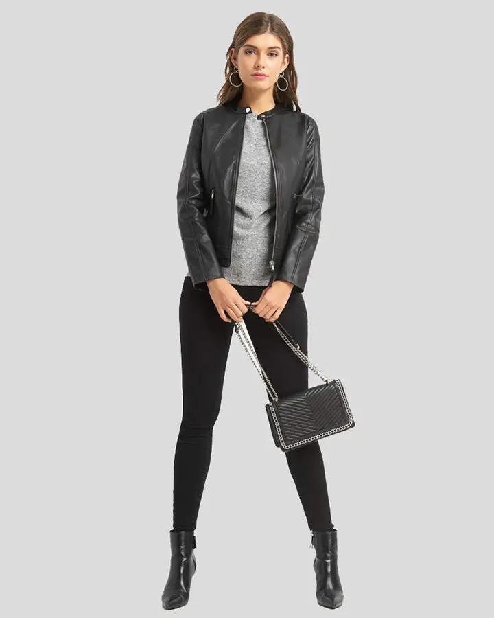 CORA BLACK BIKER LEATHER JACKET - Image 2