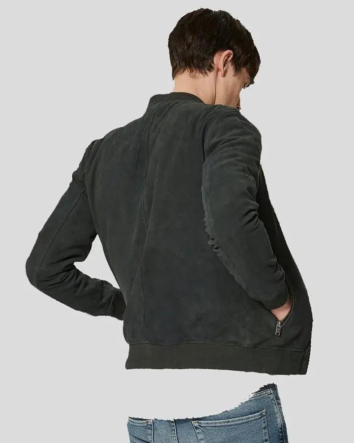 LUCY DARK GREEN SUEDE BOMBER LEATHER JACKET - Image 3