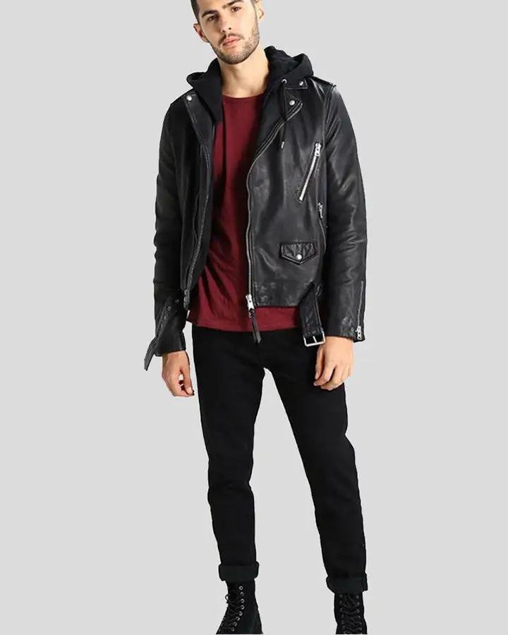 LUPE BLACK REMOVABLE HOODED LEATHER JACKET